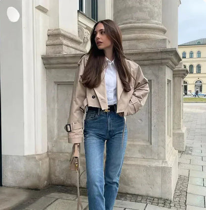 Langarmiger Trenchcoat Damen Verstellbarer Gürtel Schwarz