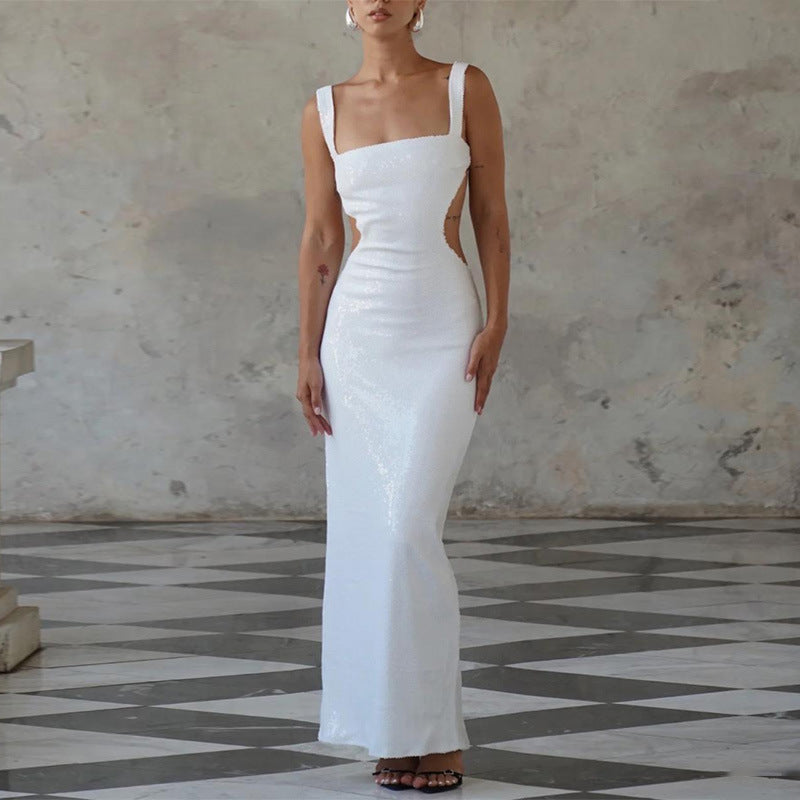 BerlinGlamour Glitzer-Neckholderkleid mit quadratischem Ausschnitt und offenem Rücken