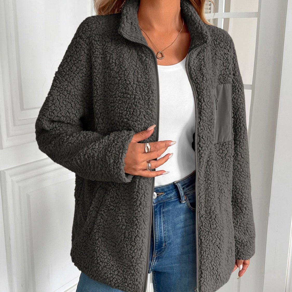 Fuzzy Jacke Damen Warm Winterlich Lässig Zip Up