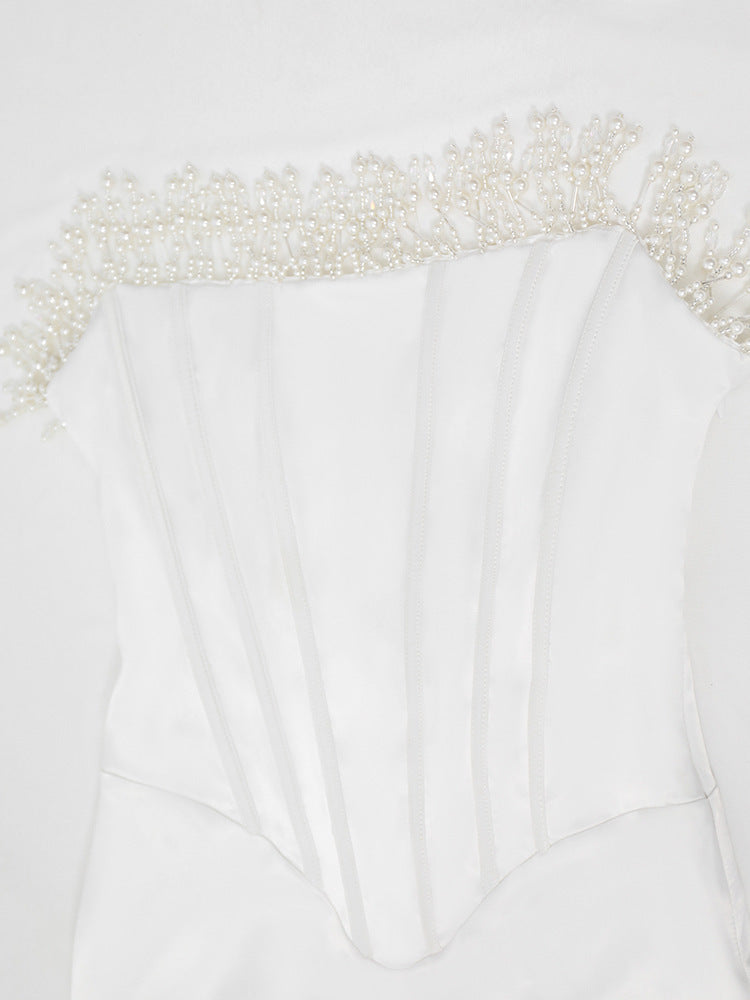 Trägerloses Midikleid Satin mit Perlen Dekor