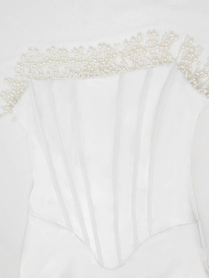 Trägerloses Midikleid Satin mit Perlen Dekor