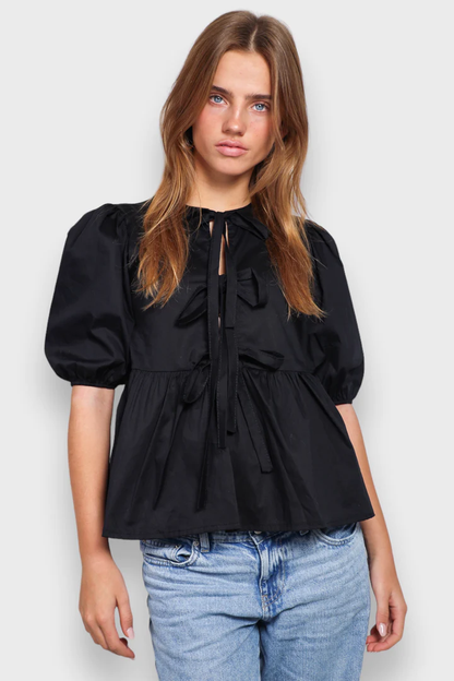 Elegante Damenbluse Puffärmel Schleife Modern