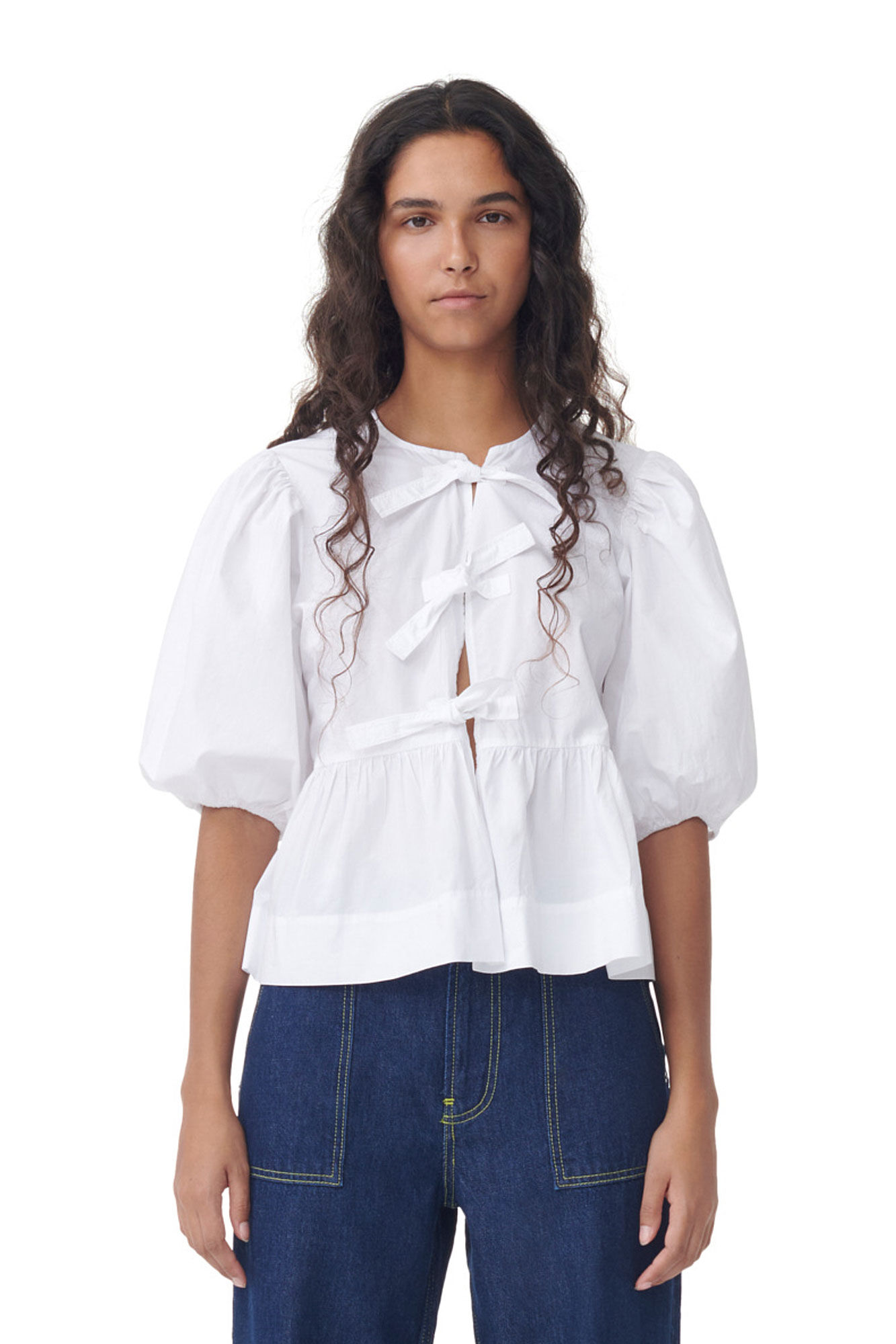 Elegante Damenbluse Puffärmel Schleife Modern