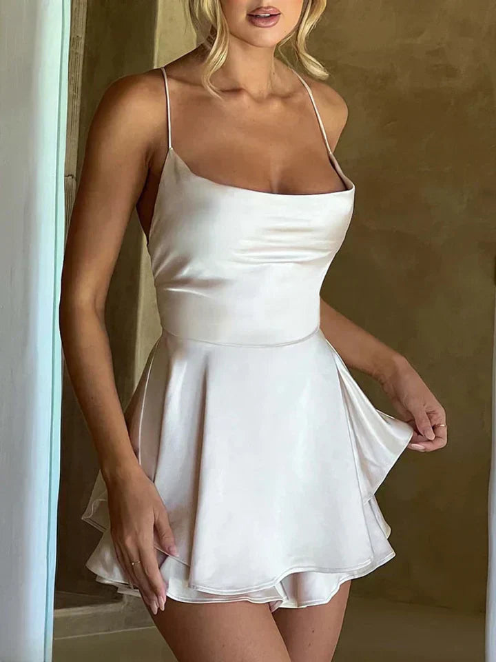 Kleid Mini Satin Spaghetti Träger Sommerkleid