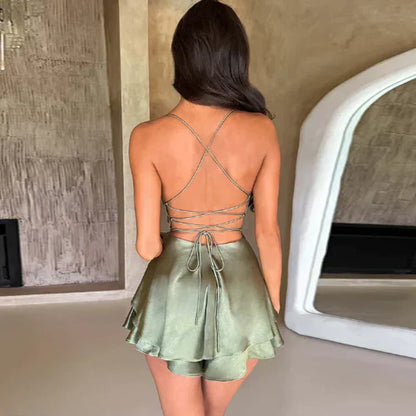 Kleid Mini Satin Spaghetti Träger Sommerkleid