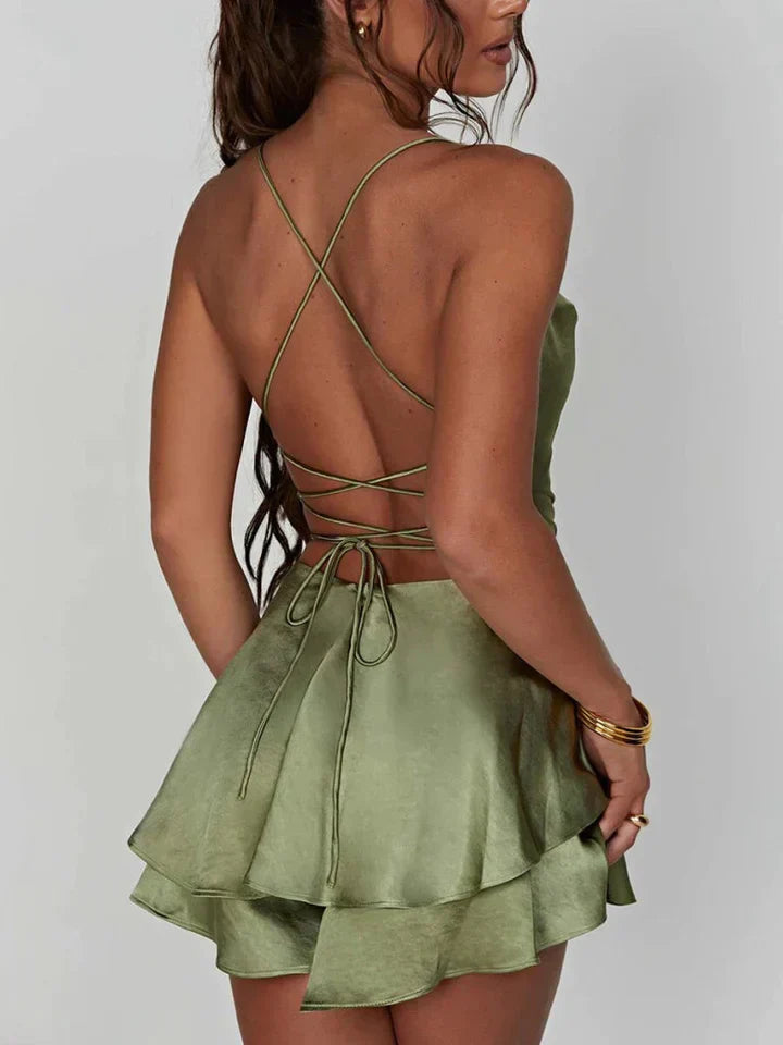 Kleid Mini Satin Spaghetti Träger Sommerkleid