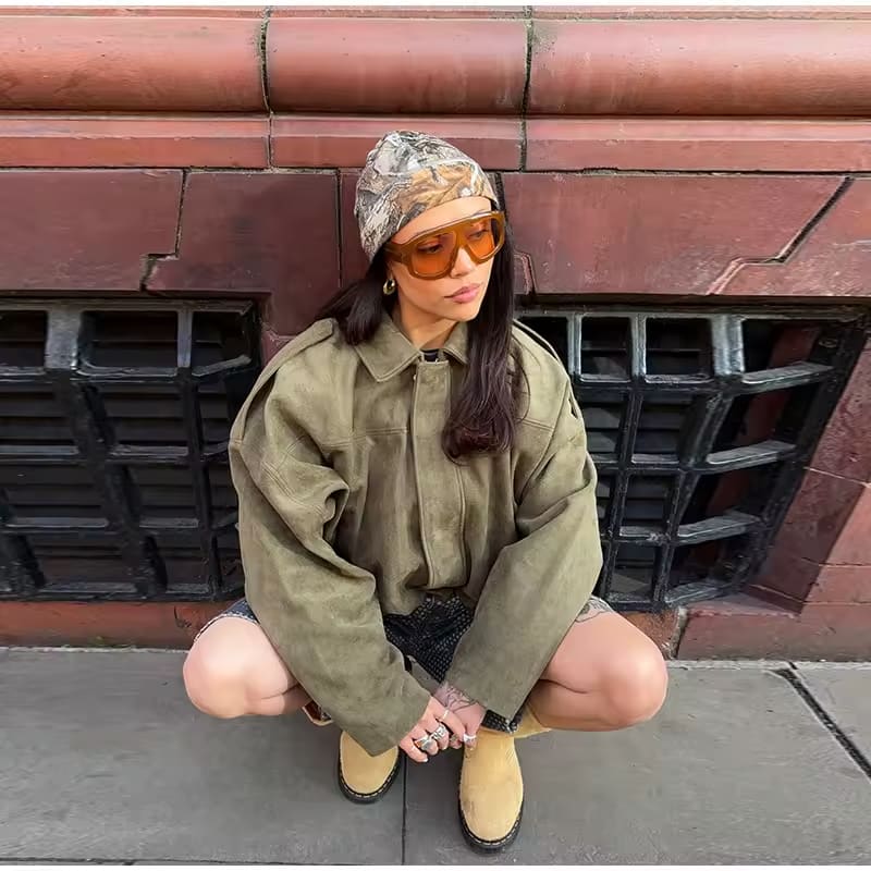 Damenjacke Suede Look Cropped Modern Oversized - BerlinGlamour