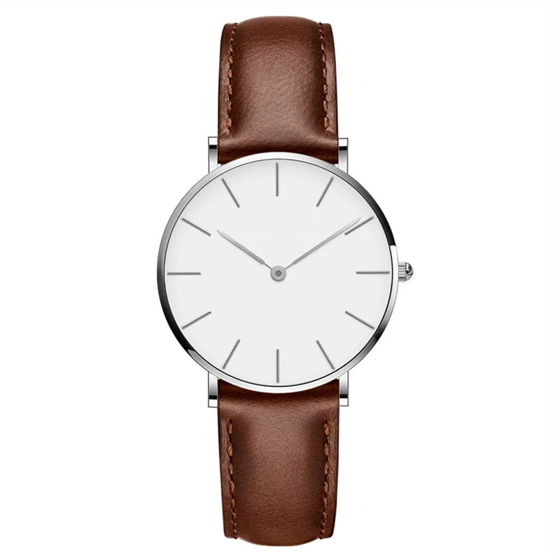 Frauen-Uhr Rund Minimalistisch Lederarmband Schwarz