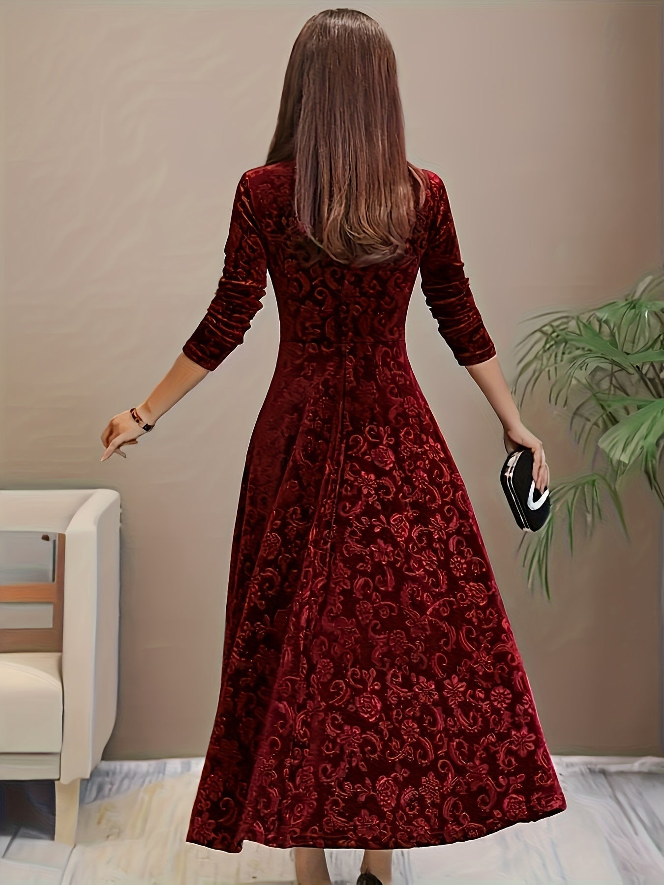 Elegantes Damen-Kleid Floral Samt Abendkleid