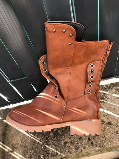 Damen Lederstiefel Vintage Halbhohe Stiefel Schwarz