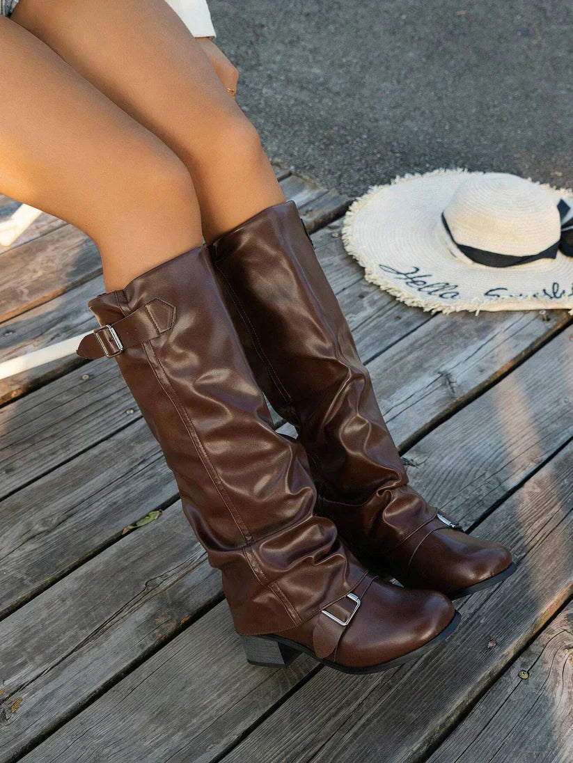 Vegane Stiefel Damen Hoch Schnallen Leder Optik