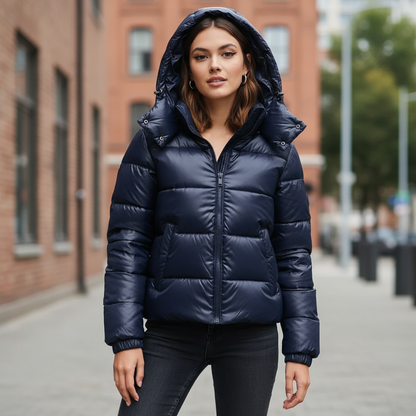 Gepolsterte Winterjacke Damen Kapuze Glänzend - BerlinGlamour