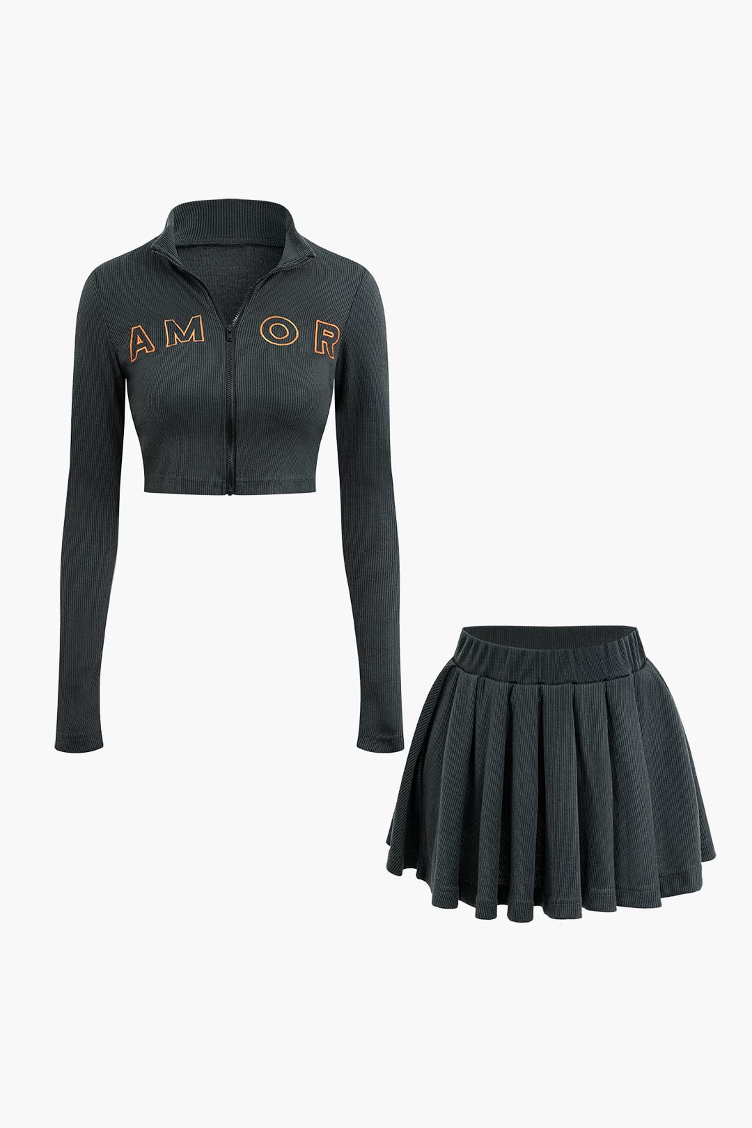 Sportliches Zweiteiler-Set mit Zip-Jacke und Plissee-Rock Damen