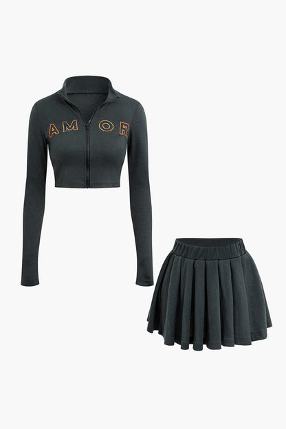 Sportliches Zweiteiler-Set mit Zip-Jacke und Plissee-Rock Damen