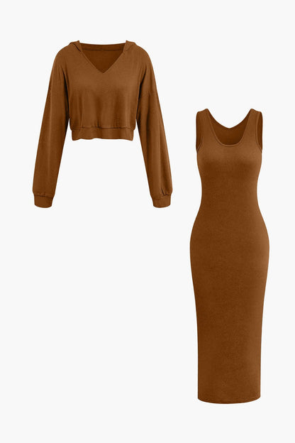 Lässiges Zweiteiler Set Hoodie Midi Kleid Damen