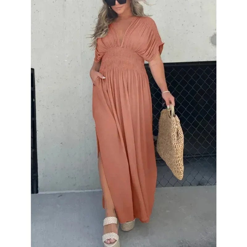 Langes Damen Maxikleid Sommer Boho Strandkleid mit V-Ausschnitt