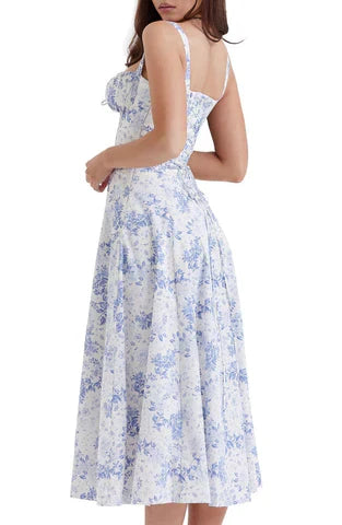 Midikleid mit Blumenmuster und Corsage Top Blau Weiß