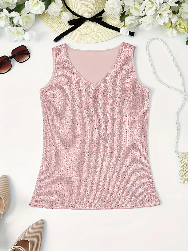 Elegantes Pailletten Top Ärmellos Damen Oberteil Glitzer