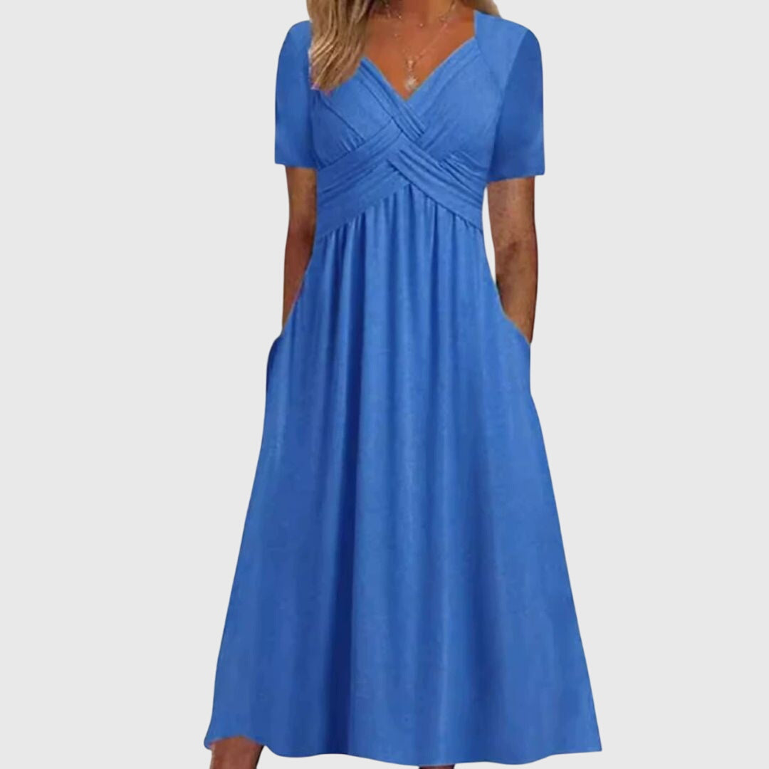 Damen Maxikleid V-Ausschnitt Kurzärmel Sommerkleid