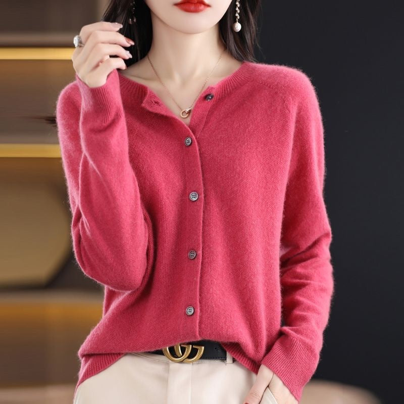 Damen Strickjacke Merino Wolle Rundhals Langärmlig