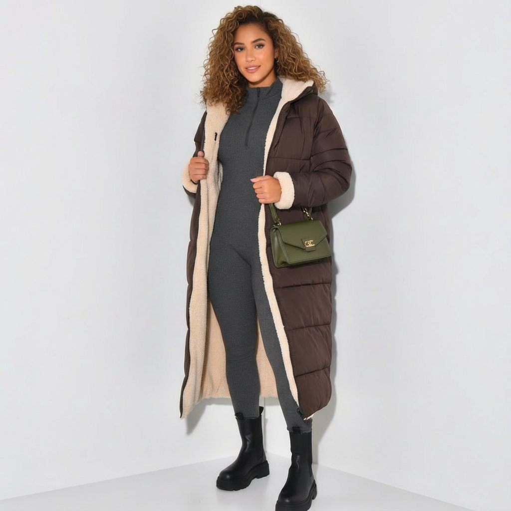 Wintermantel Damen wendbar in braun mit Teddyfutter