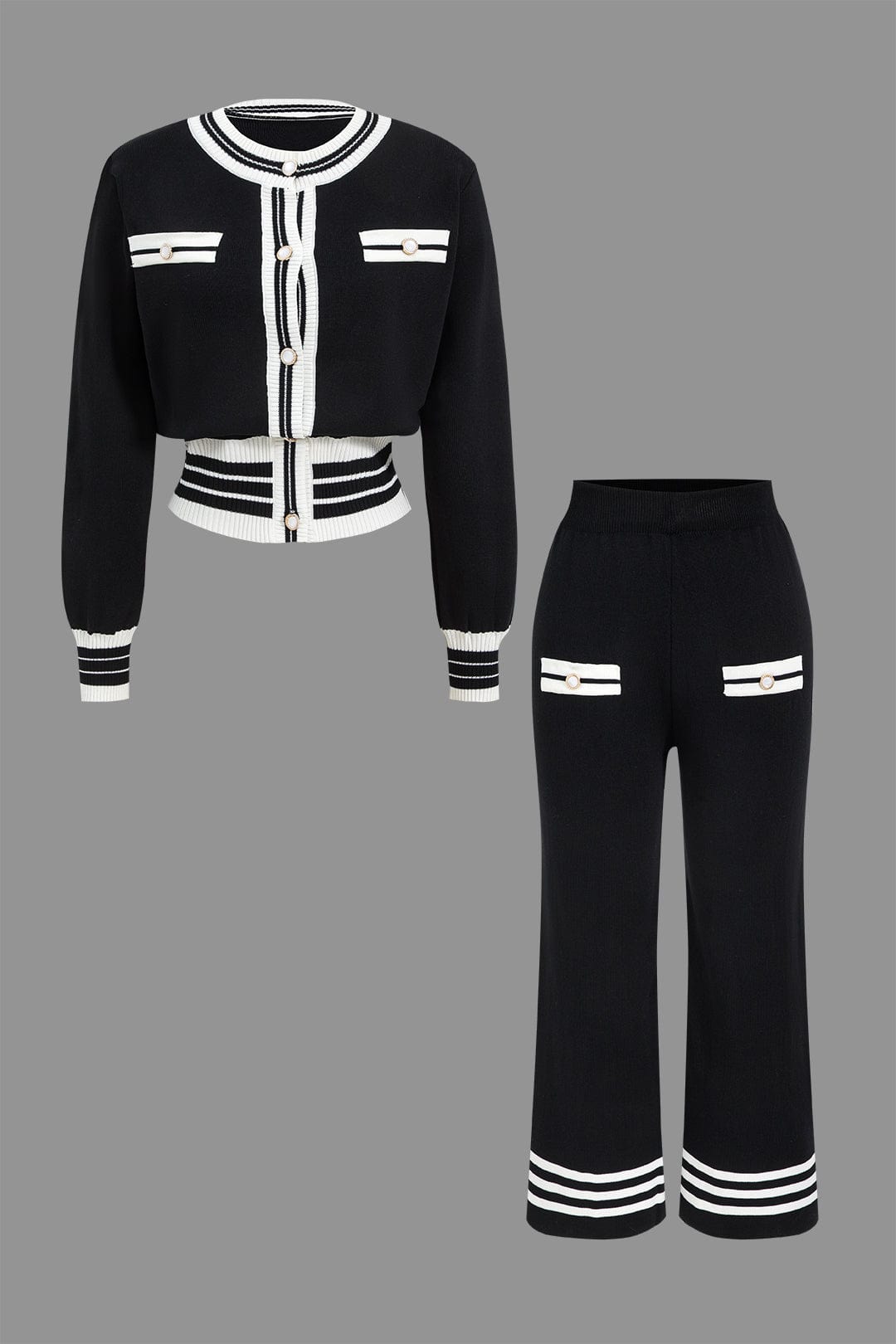 Strick-Zweiteiler-Set Damen Stilvoll Cropped Cardigan Hose - BerlinGlamour
