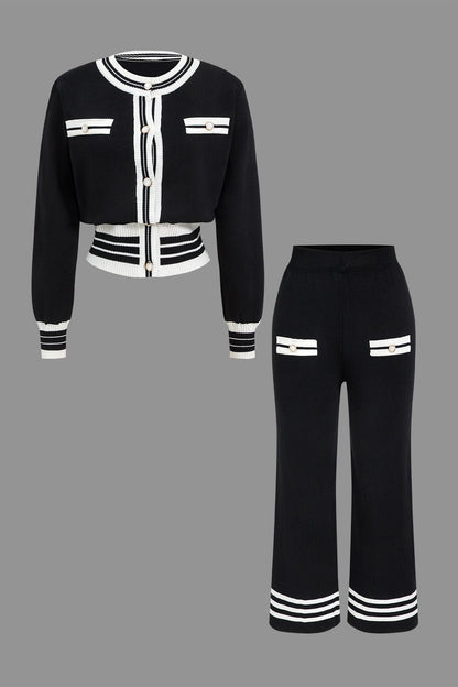Strick-Zweiteiler-Set Damen Stilvoll Cropped Cardigan Hose - BerlinGlamour