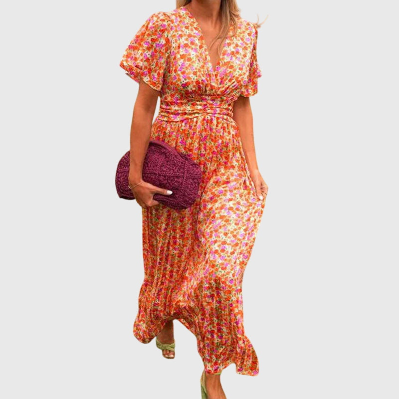 Damen Maxikleid Blumenmuster Sommer Kurzärmlig