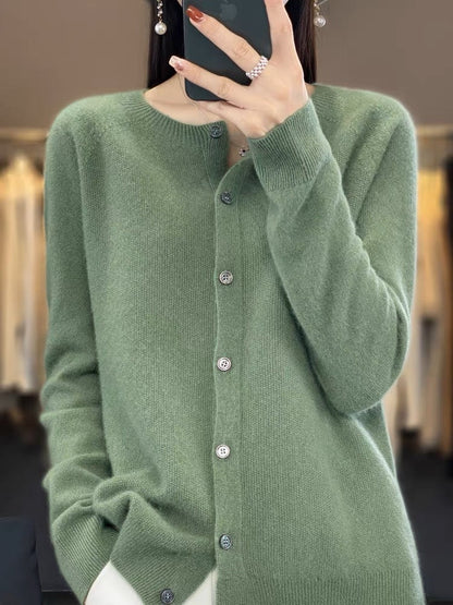 Damen Strickjacke Merino Wolle Rundhals Langärmlig