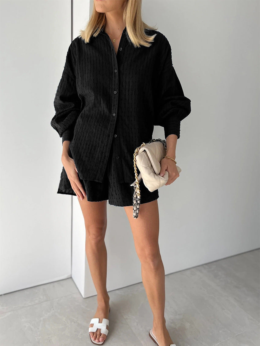 Baumwoll Zweiteiler Damen Oversize Bluse Shorts Leicht
