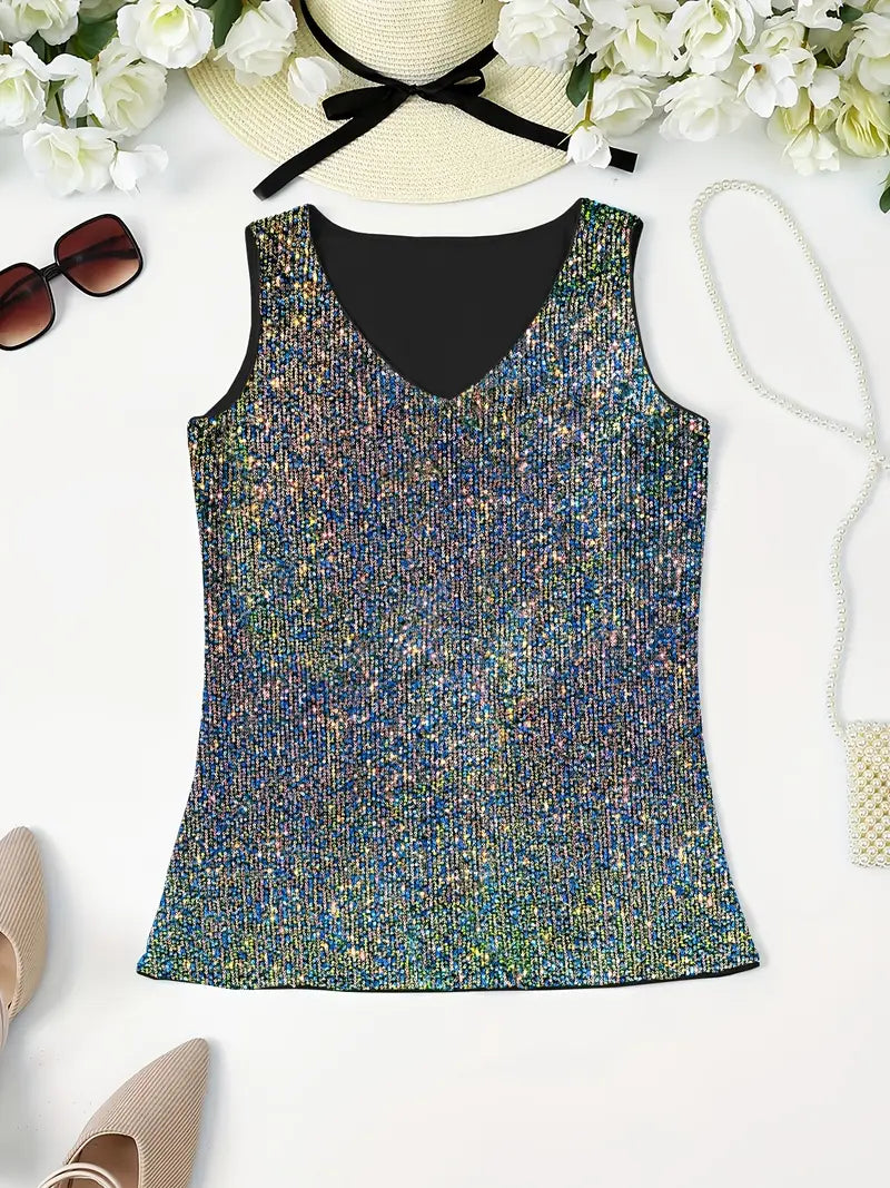 Elegantes Pailletten Top Ärmellos Damen Oberteil Glitzer