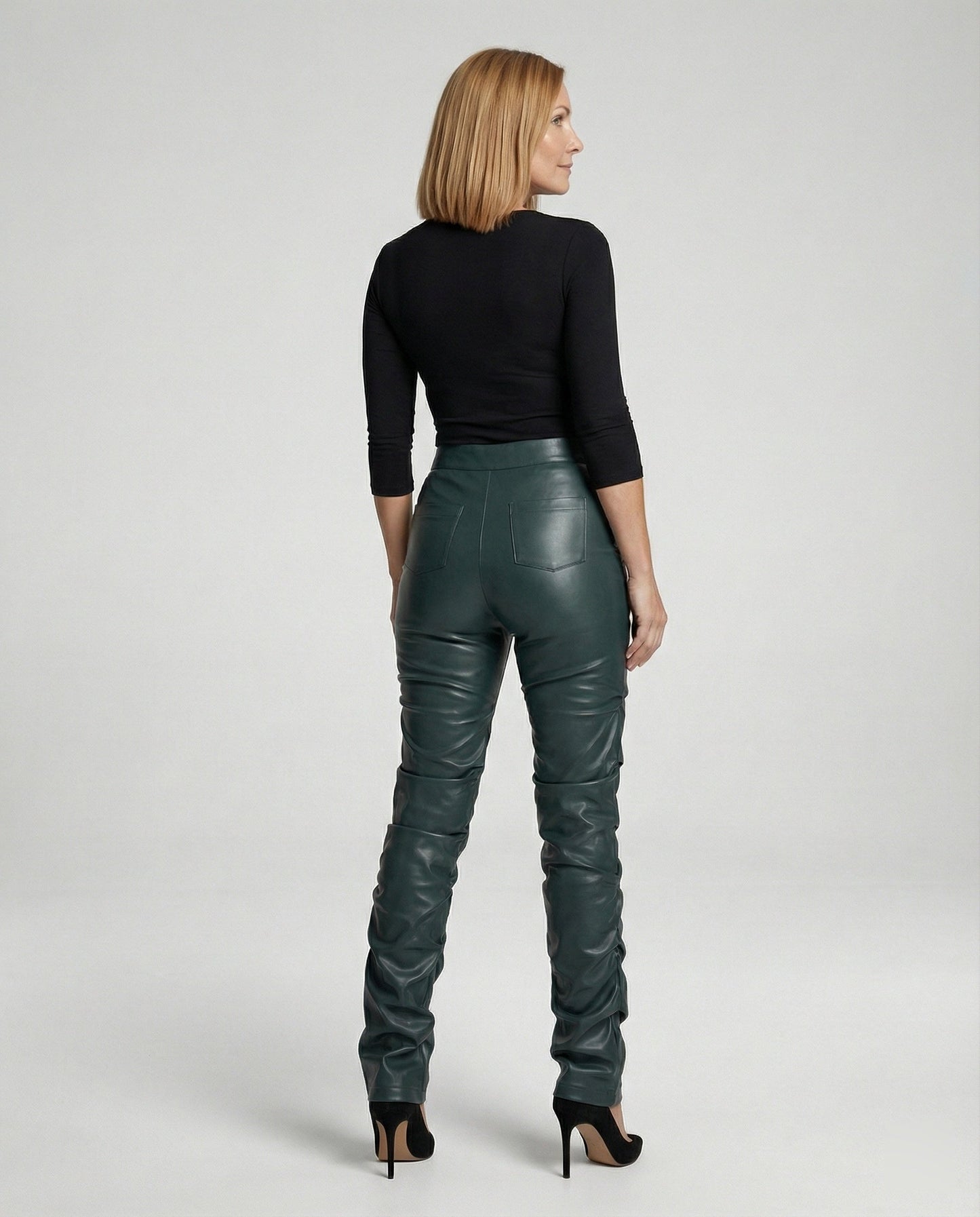 Damen High-Waist Hose Kunstleder Weites Bein Schwarz