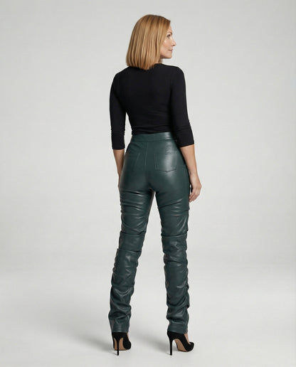 Damen High-Waist Hose Kunstleder Weites Bein Schwarz