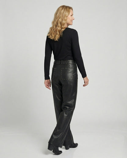 Damen Kunstlederhose Schwarz mit Nieten Trendy