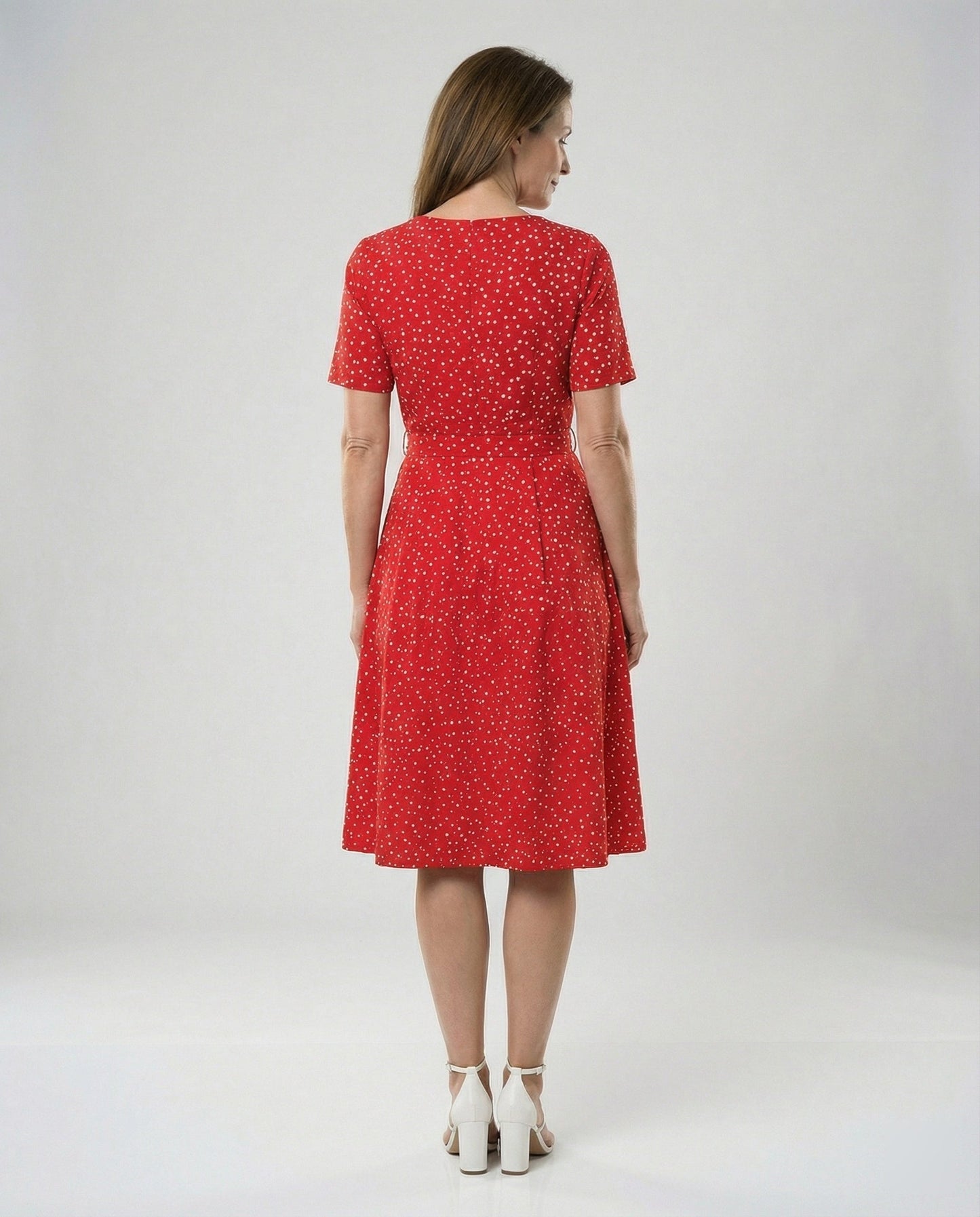 Damen Midi-Kleid Punkte Taillengürtel Elegant