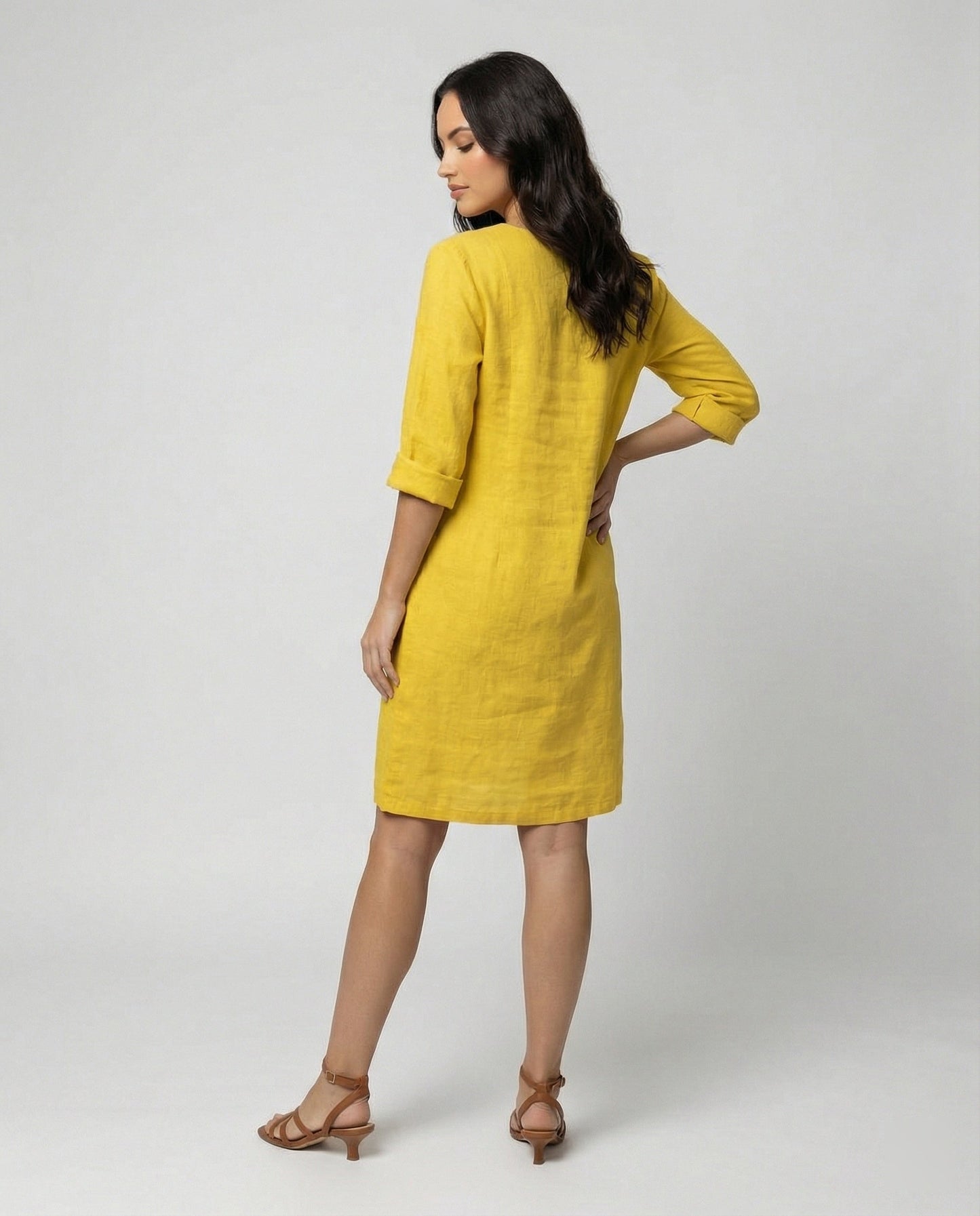 Damen Leinenkleid V-Ausschnitt Elegant Locker