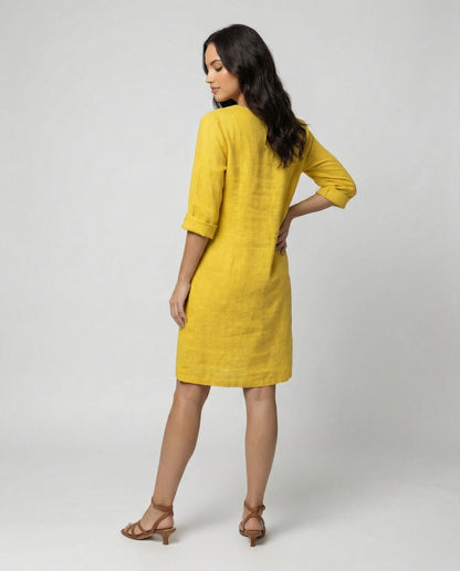 Damen Leinenkleid V-Ausschnitt Elegant Locker