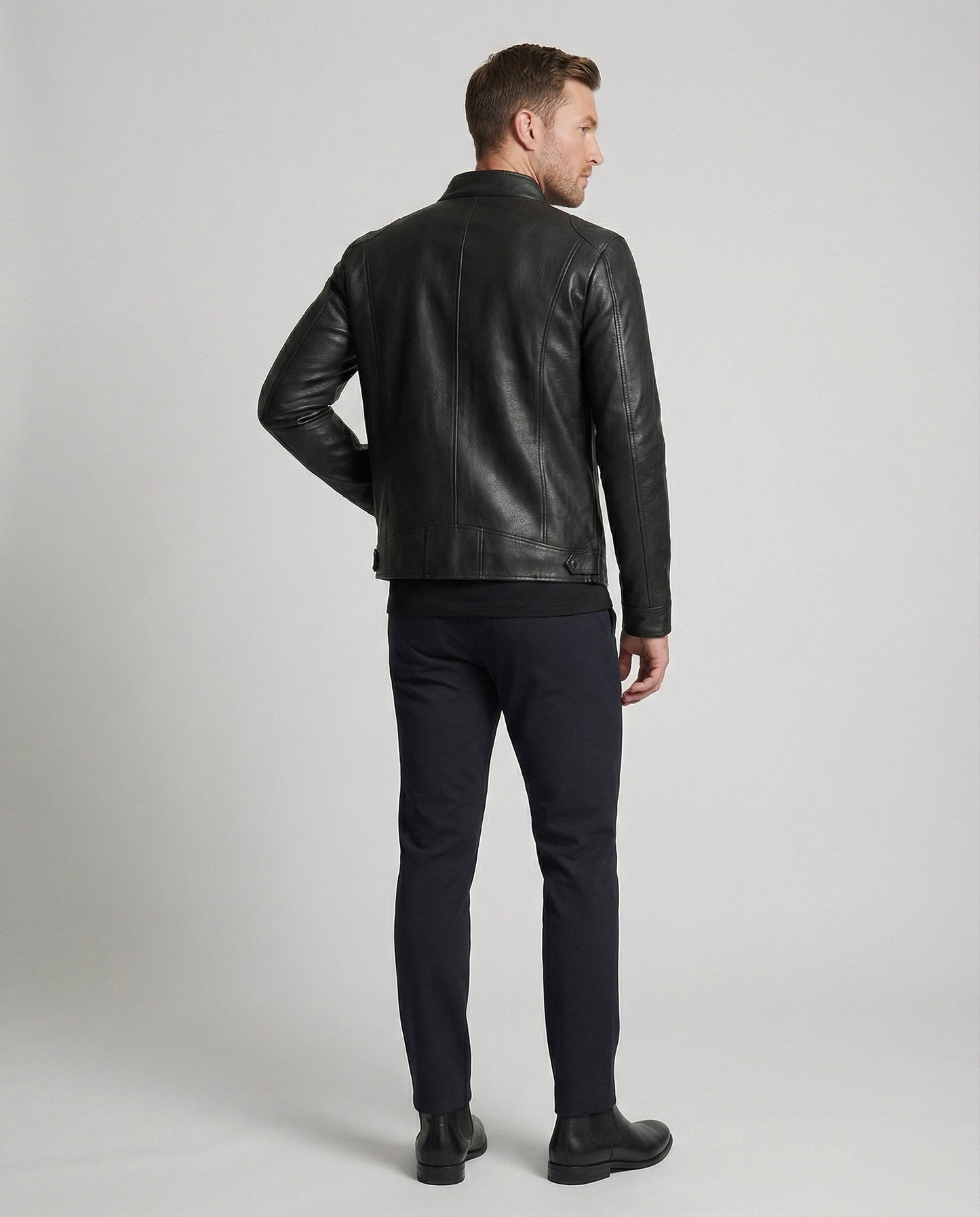 Herren Kunstlederjacke Elegant Schwarz mit Steppdetail