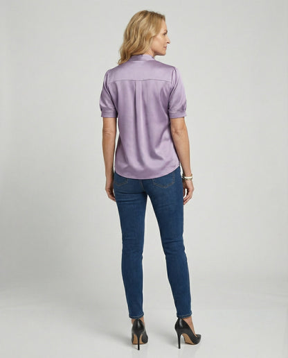 Damen Bluse Top mit Krawattenkragen Elegante Satin
