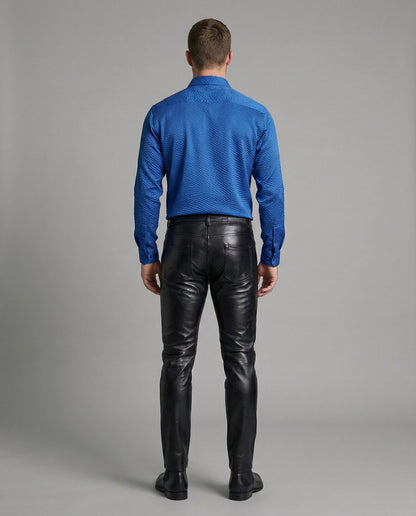 Herren Slimfit Hose Kunstleder Steppdetails Schwarz