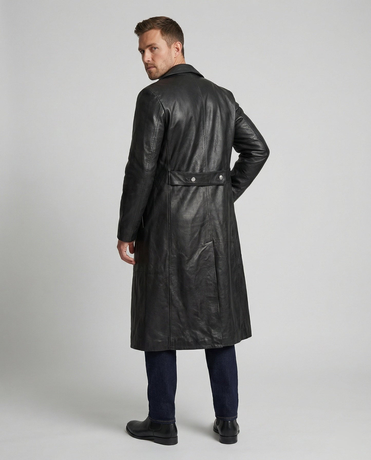 Ledermantel Herren Lang Knöpfe Elegant Schwarz