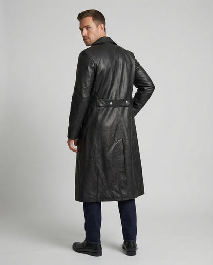 Ledermantel Herren Lang Knöpfe Elegant Schwarz