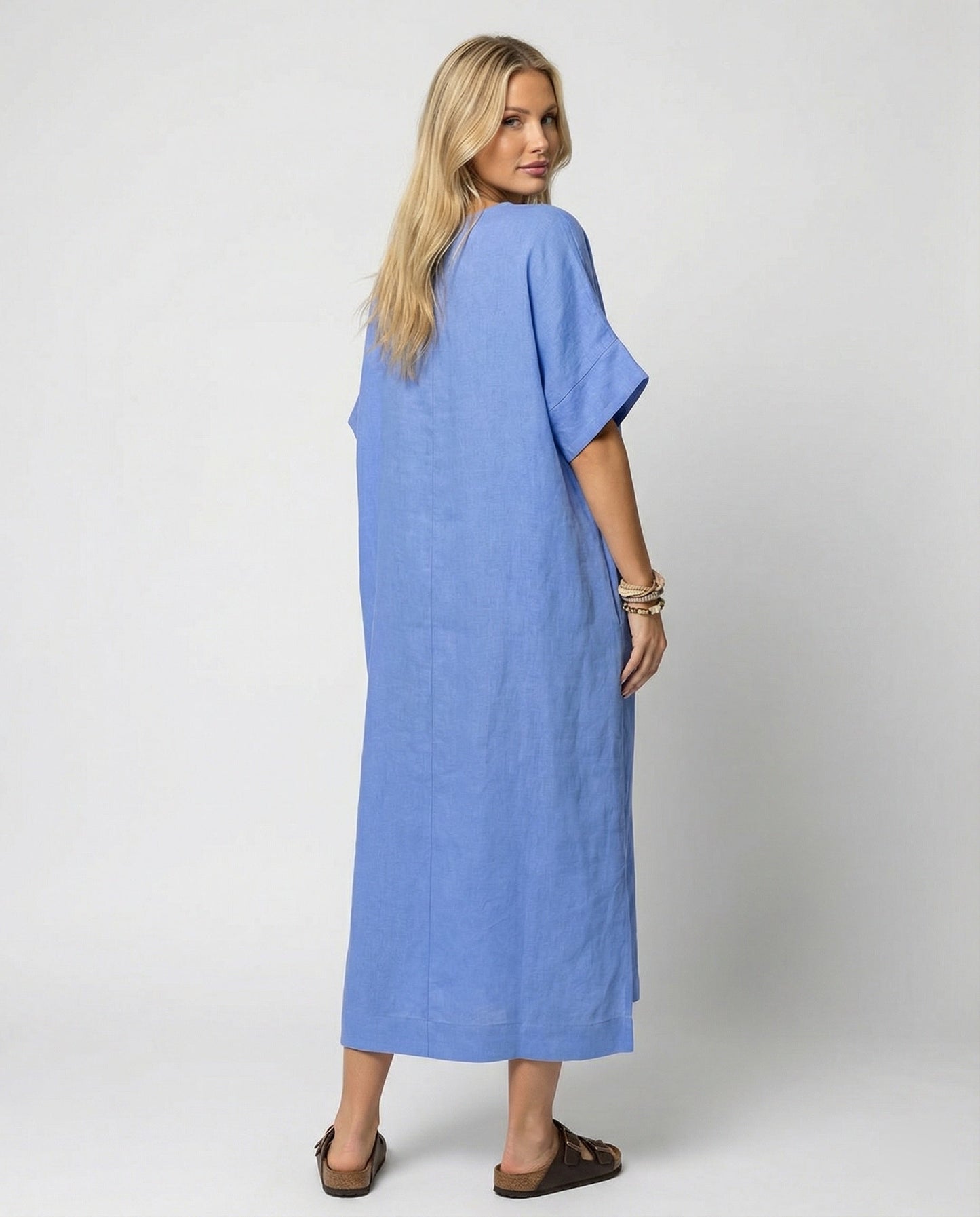Damen Leinen Maxikleid V-Ausschnitt Weit Ärmel Sommerkleid