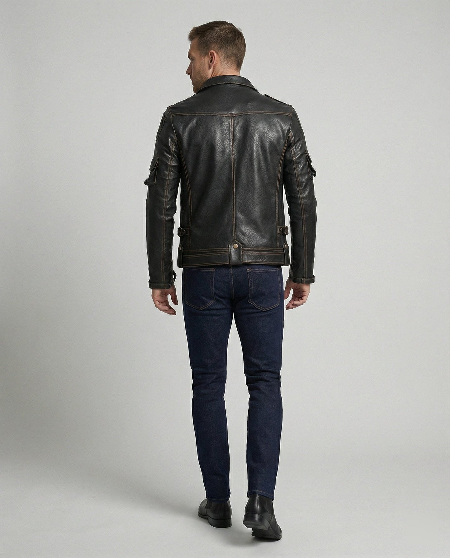 Lederjacke Herren Asymmetrisch Reißverschluss Schwarz