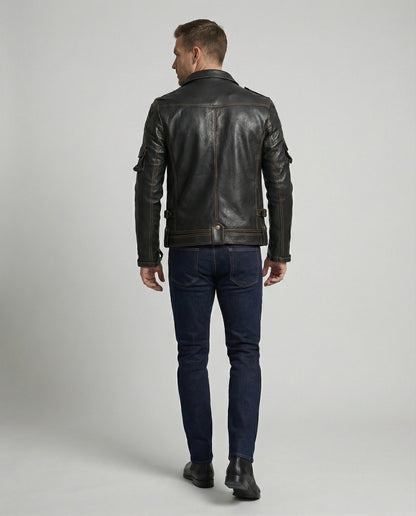 Lederjacke Herren Asymmetrisch Reißverschluss Schwarz