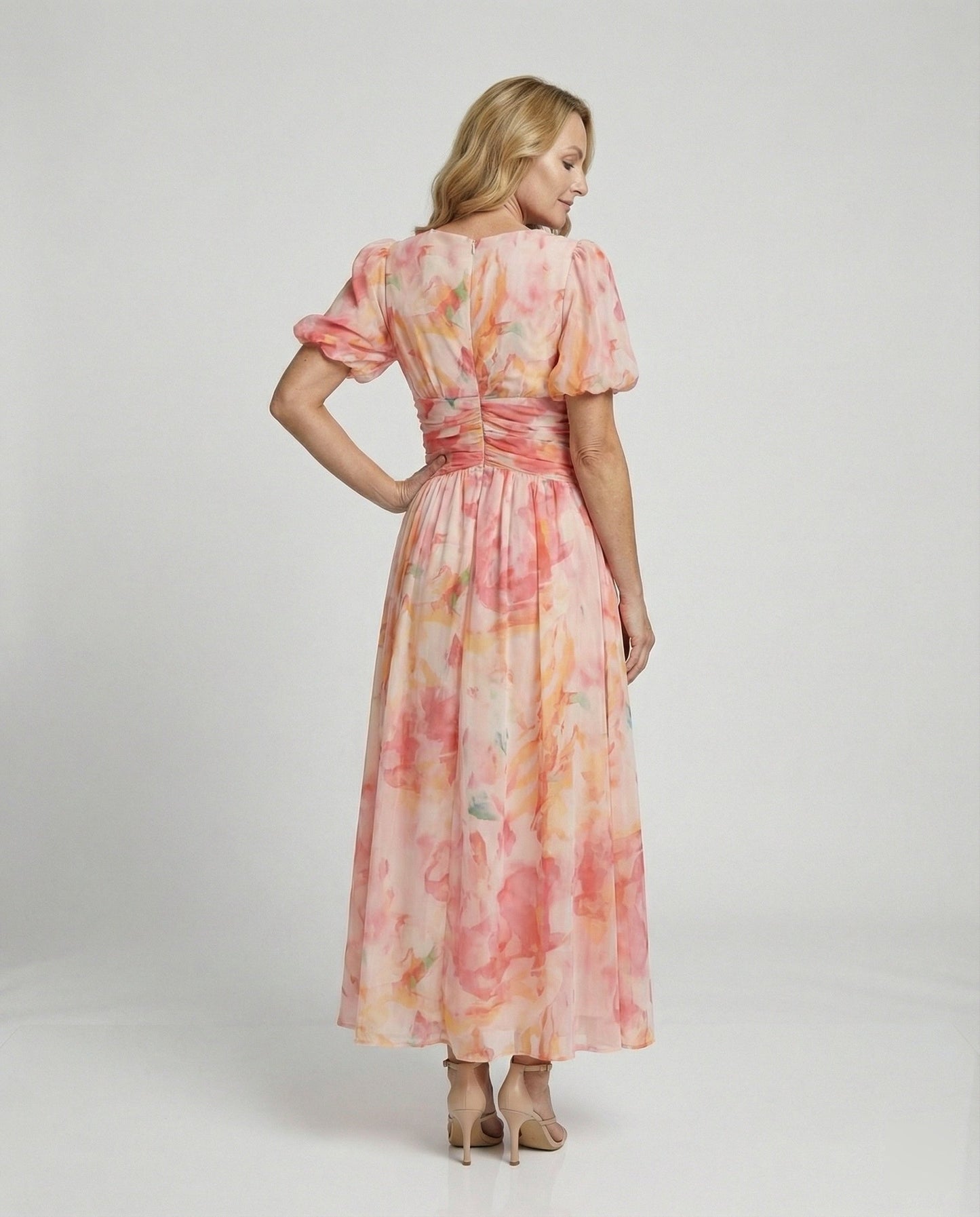 Damen Maxikleid mit Puffärmeln Wickelkleid Lang