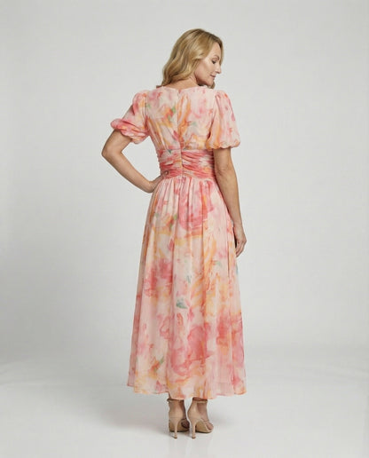 Damen Maxikleid mit Puffärmeln Wickelkleid Lang