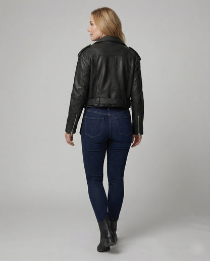 Damen Bikerjacke Leder Optik Tailliert Geschnitten