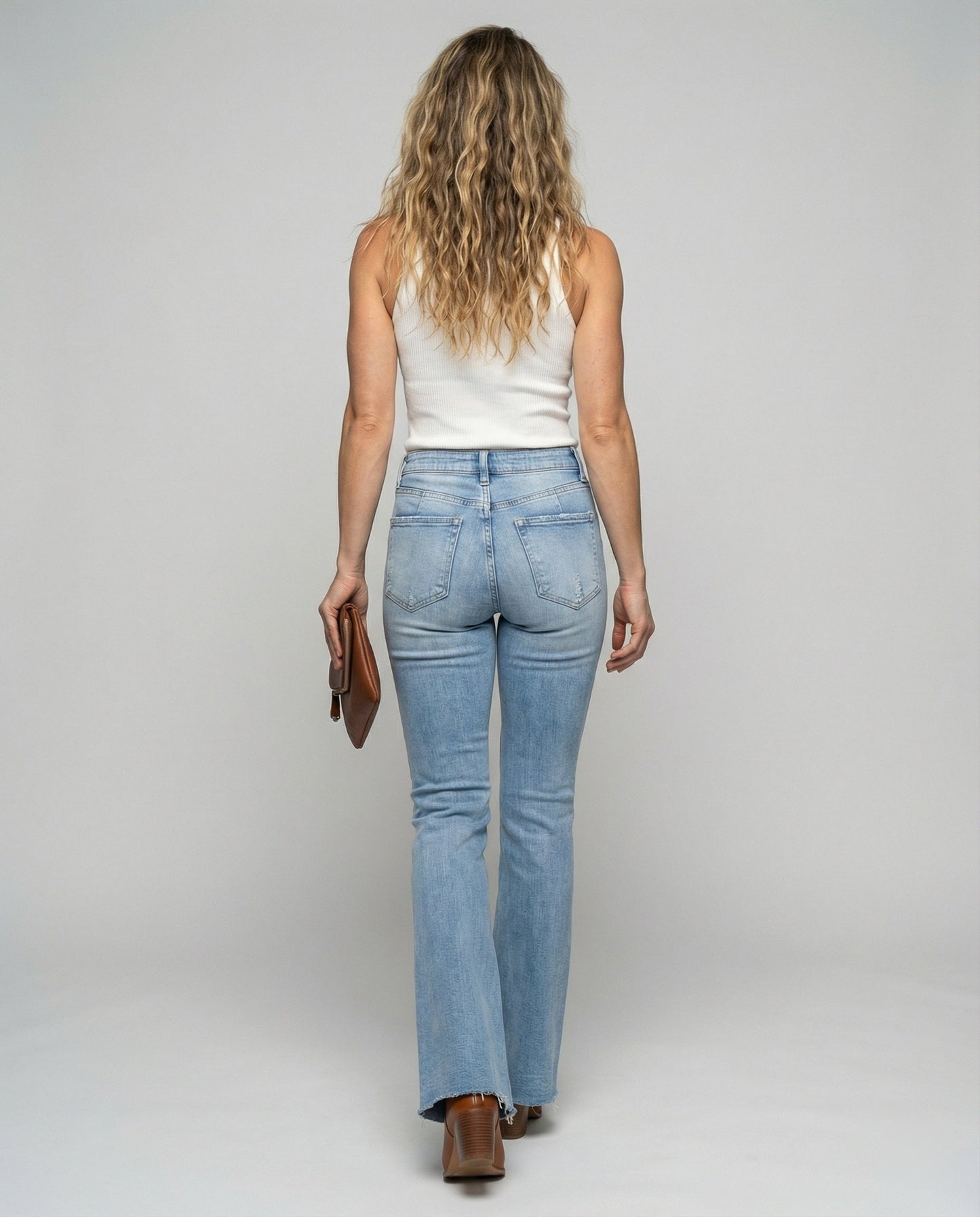 Damen Highwaist Flared Jeans mit Fransen Saum