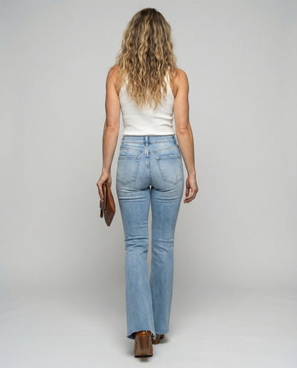 Damen Highwaist Flared Jeans mit Fransen Saum